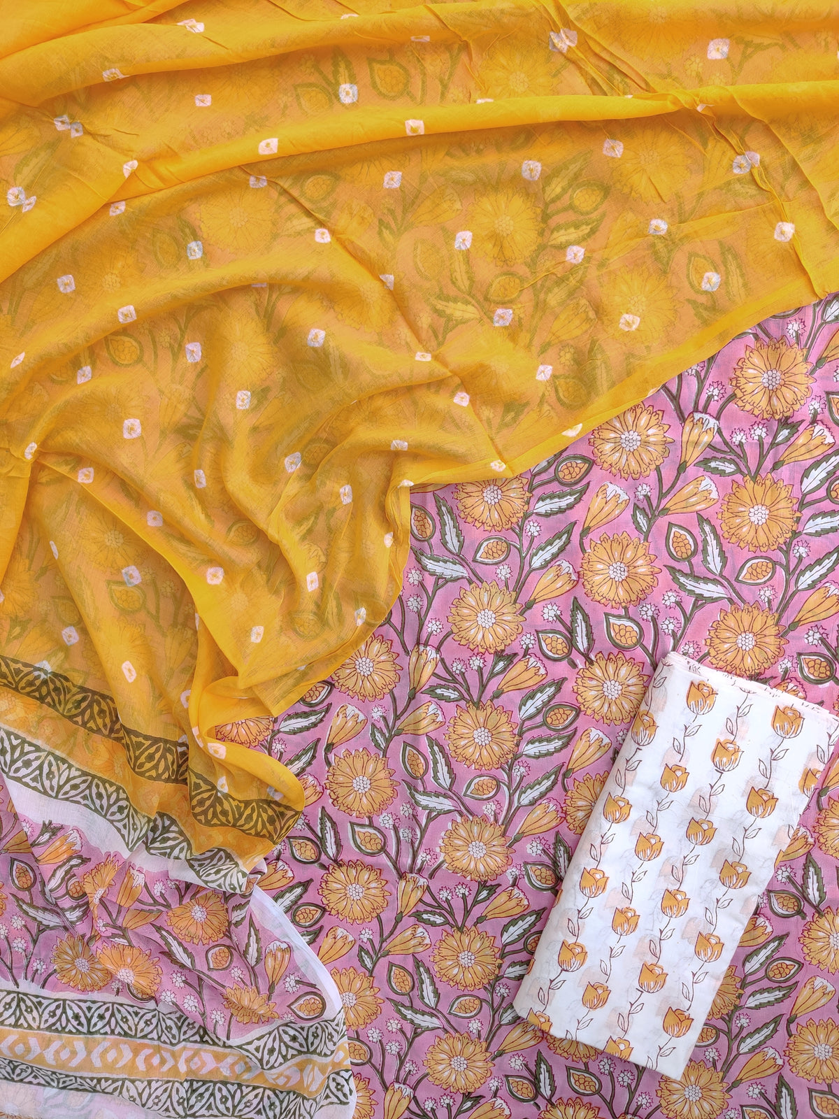 Hand Block Printed Cotton Suits with Mulmul Bandhej Dupatta