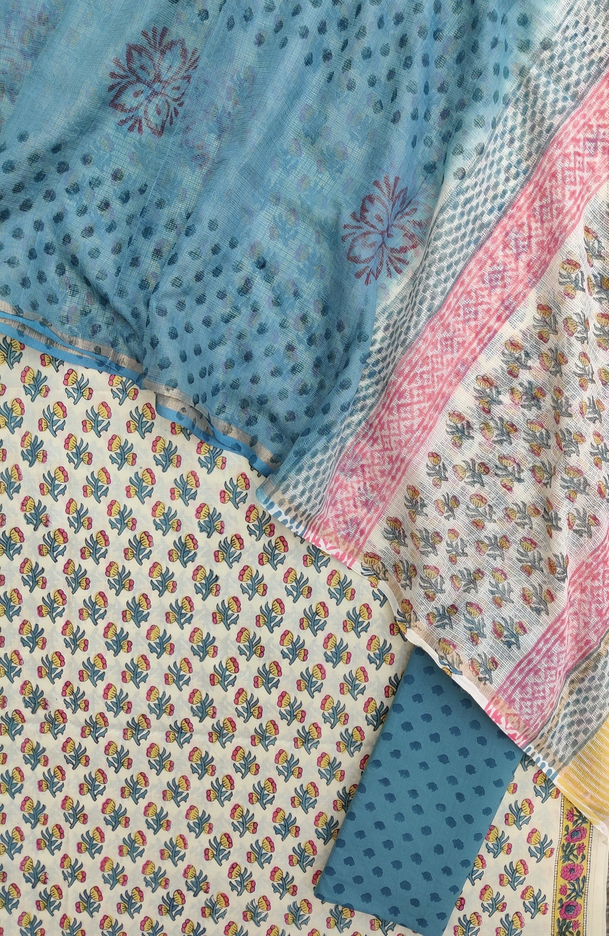 Hand Block Printed Cotton Suit with Cotton Kota Doria dupatta