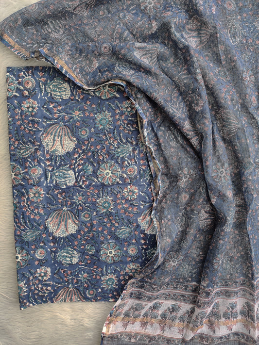 (All over) Hand Block Printed Cotton Suit with Cotton Kota Doria dupatta