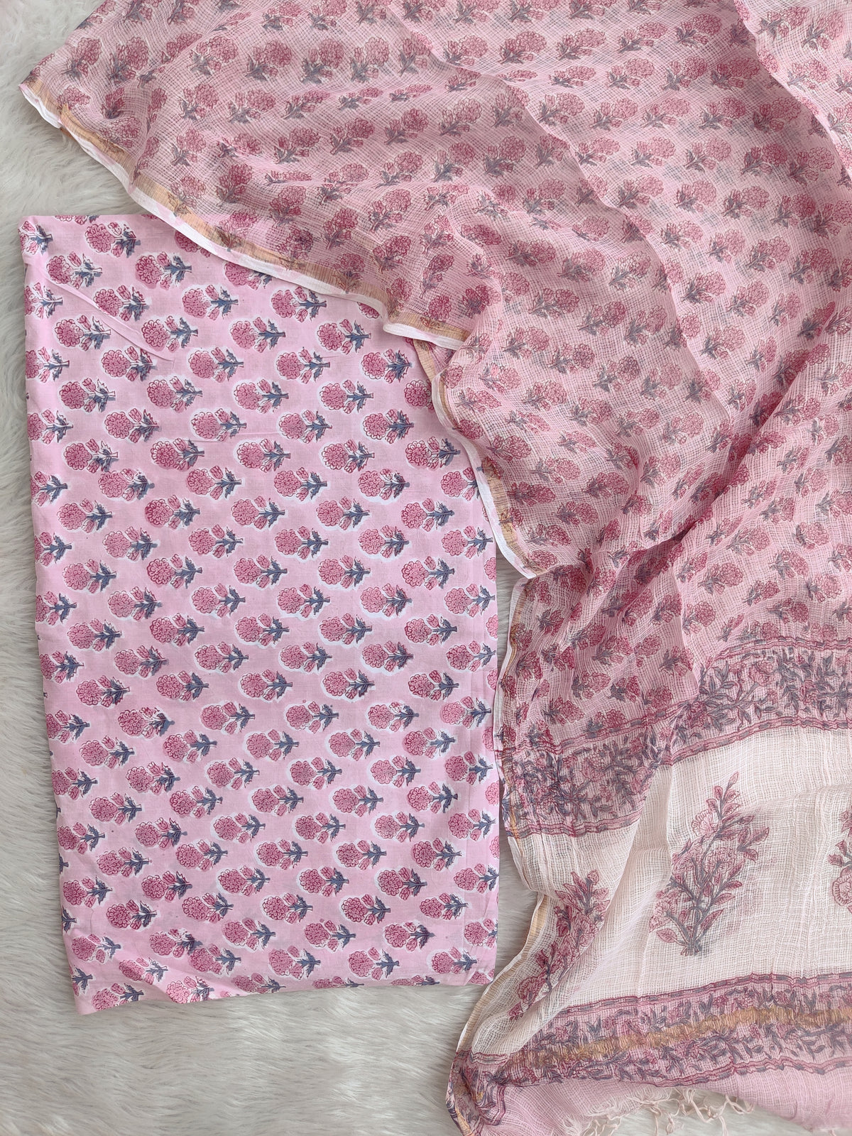 (All over) Hand Block Printed Cotton Suit with Cotton Kota Doria dupatta