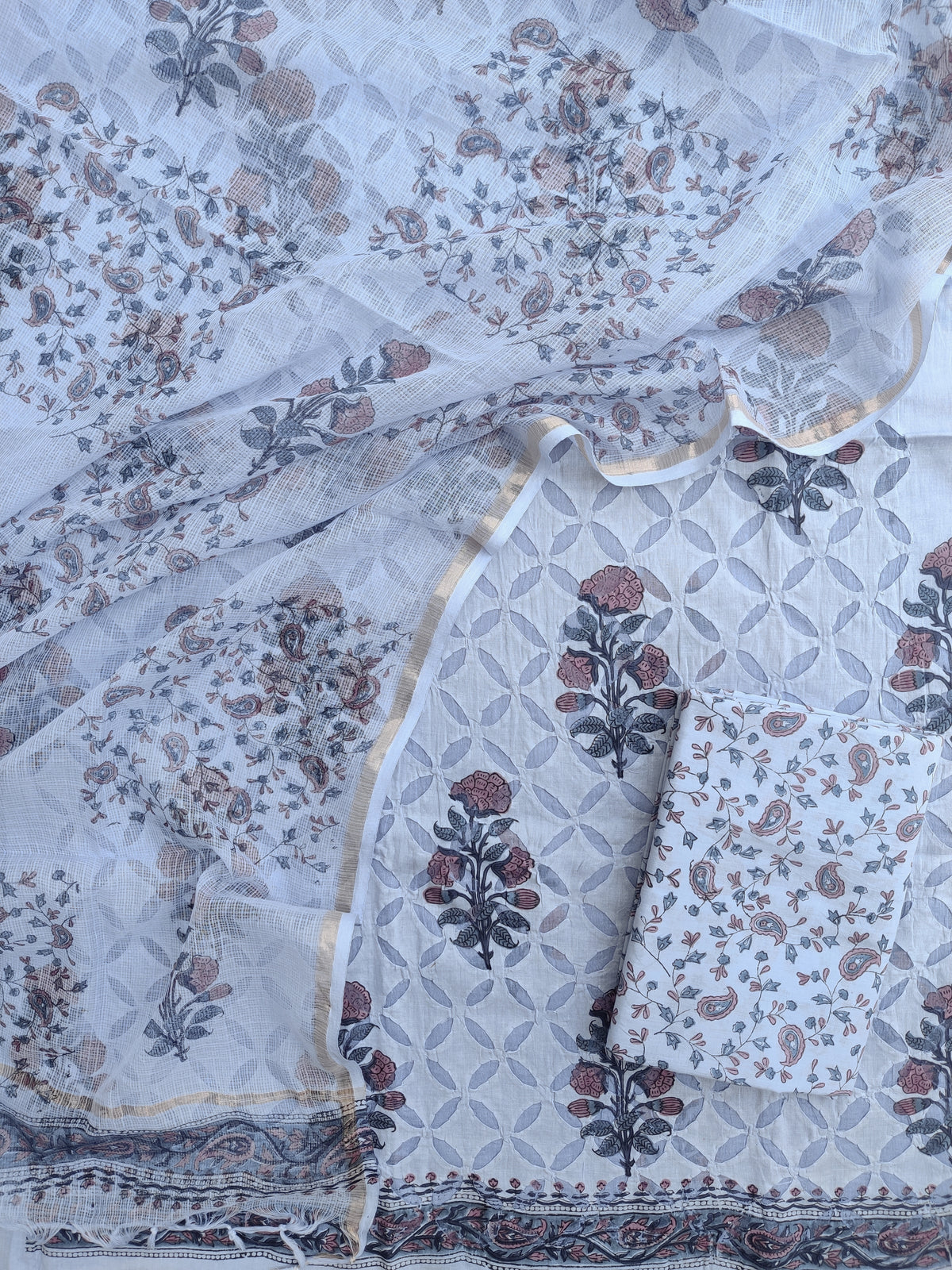 Pure Cotton Hand Block Printed Applique Suits with Kota Doria Dupatta