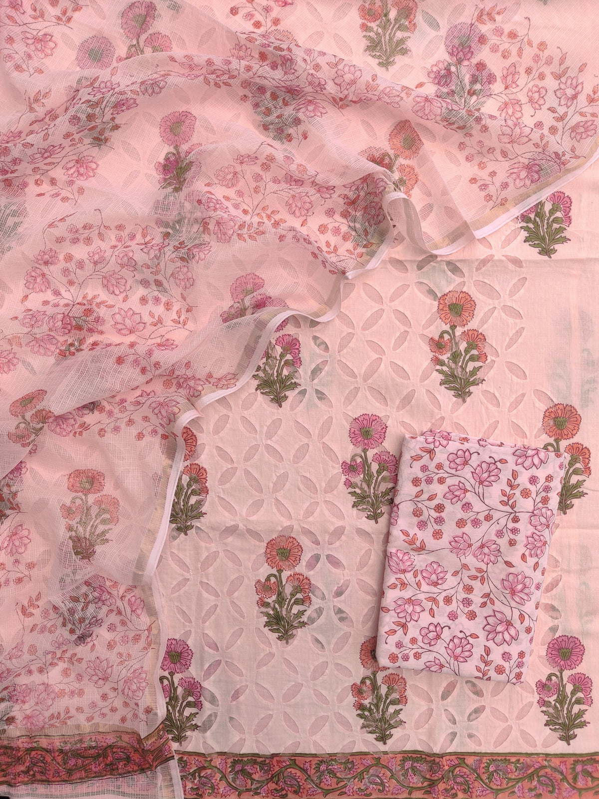Pure Cotton Hand Block Printed Applique Suits with Kota Doria Dupatta