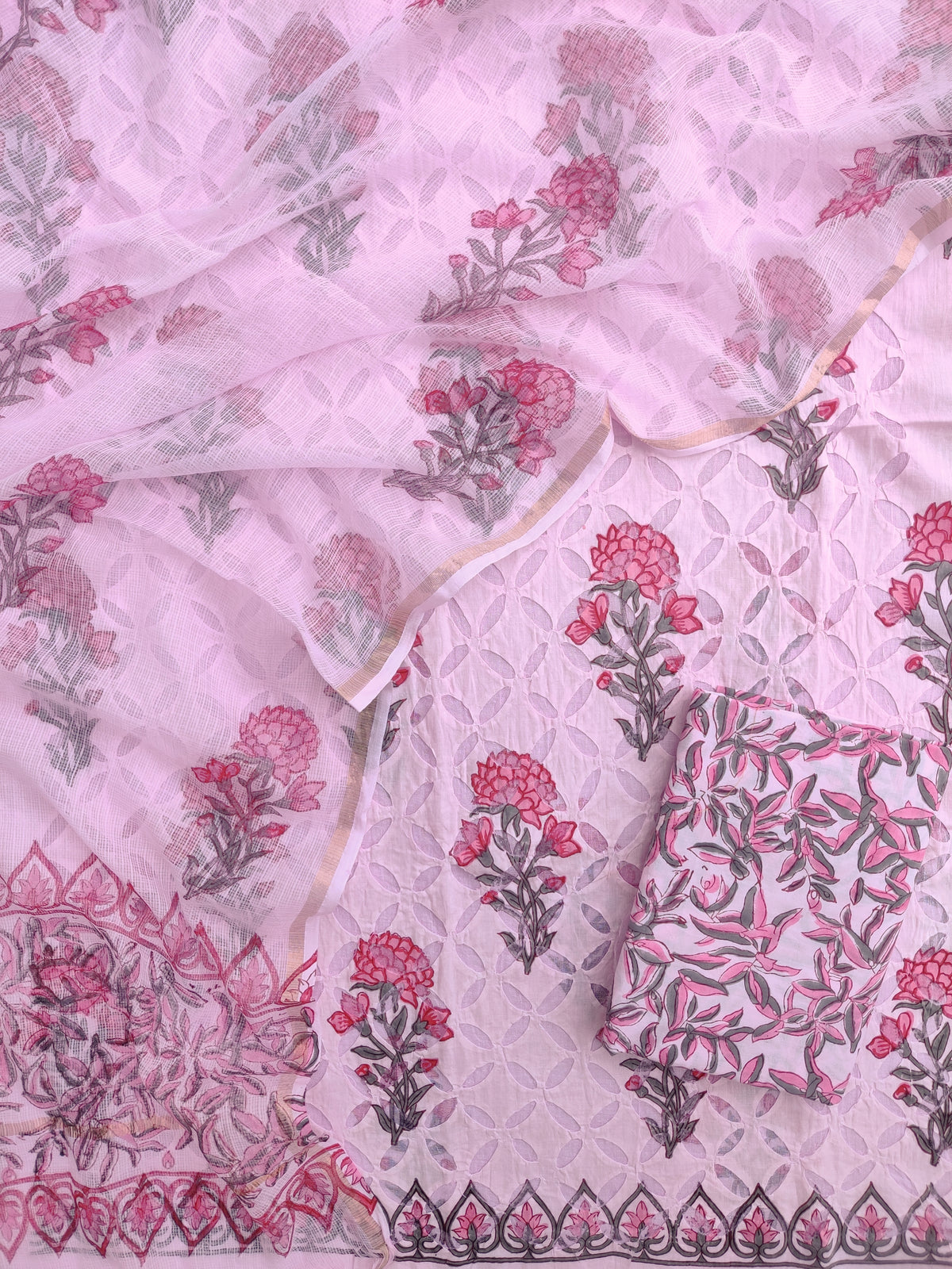 Pure Cotton Hand Block Printed Applique Suits with Kota Doria Dupatta