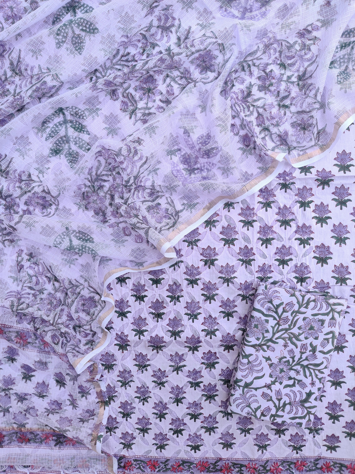 Pure Cotton Hand Block Printed Applique Suits with Kota Doria Dupatta