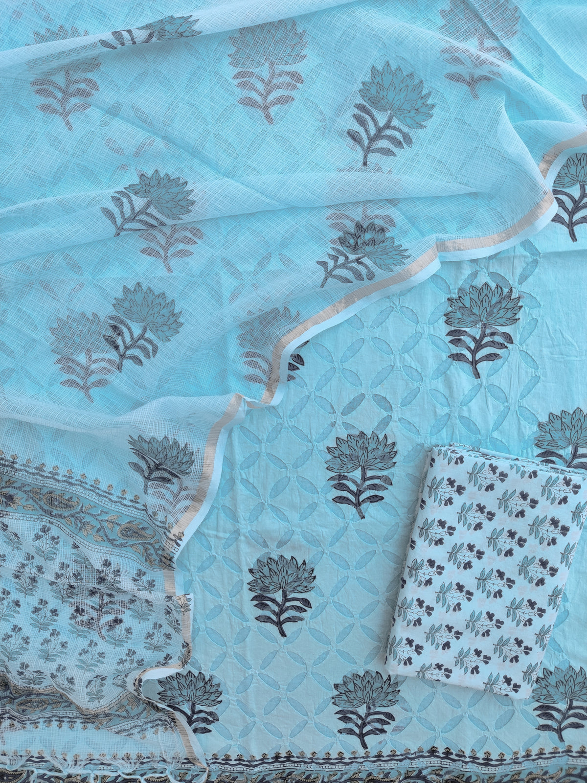 Pure Cotton Hand Block Printed Applique Suits with Kota Doria Dupatta