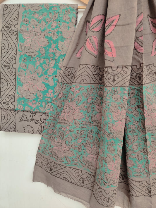 NASHPAL Hand Block Printed Cotton Suit With Mulmul Cotton Dupatta
