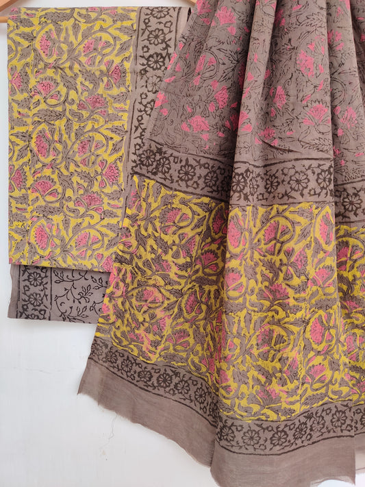 NASHPAL Hand Block Printed Cotton Suit With Mulmul Cotton Dupatta