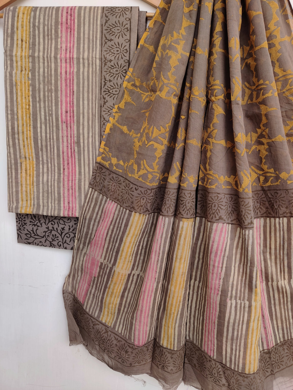 NASHPAL Hand Block Printed Cotton Suit With Mulmul Cotton Dupatta