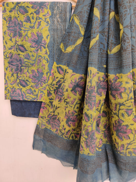 NASHPAL Hand Block Printed Cotton Suit With Mulmul Cotton Dupatta