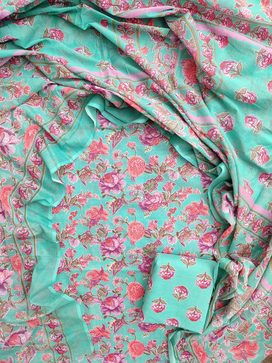 Jaipuri Printed Cotton Suit with mulmul cotton Dupatta