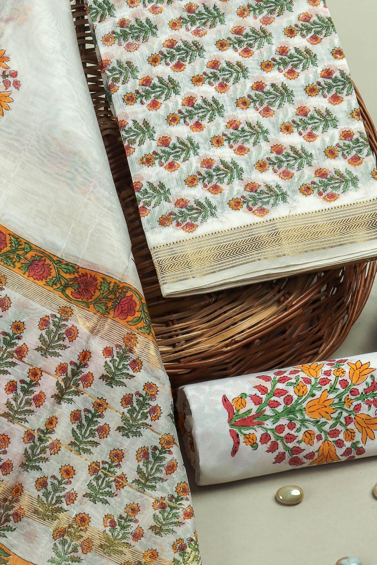 Hand Block Printed Maheshwari Silk Suit with Maheshwari Silk Dupatta