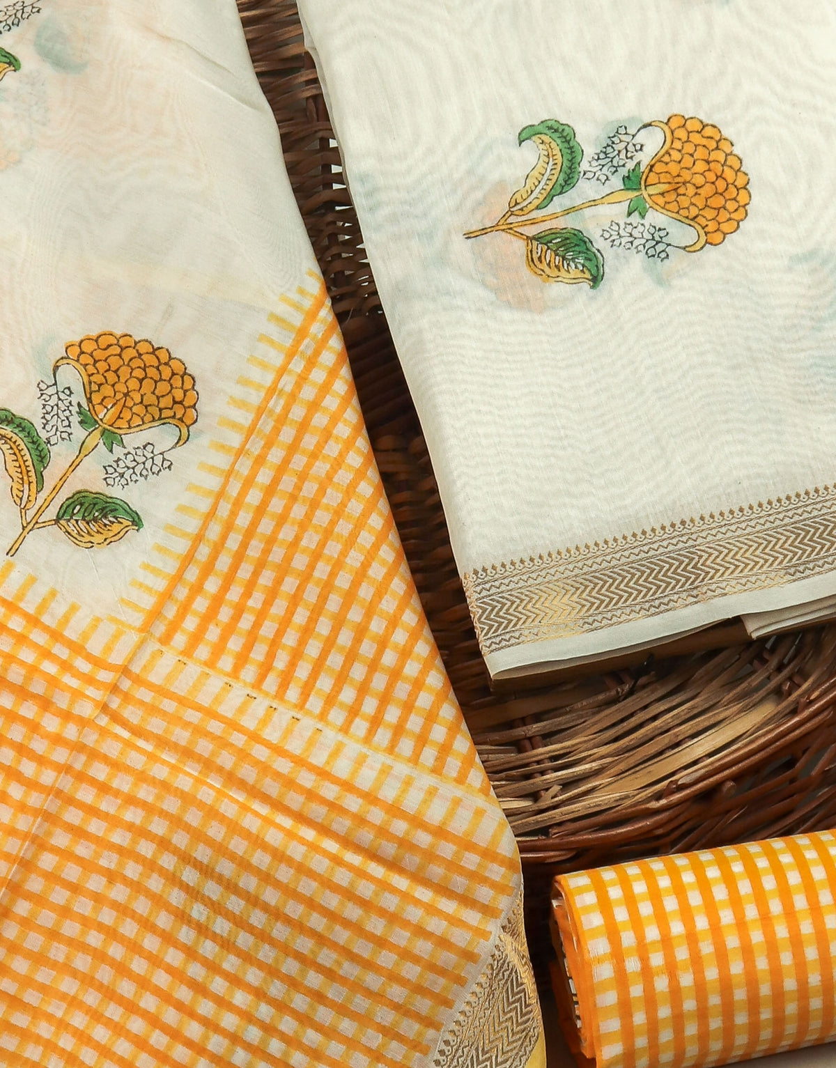 Hand Block Printed Maheshwari Silk Suit with Maheshwari Silk Dupatta