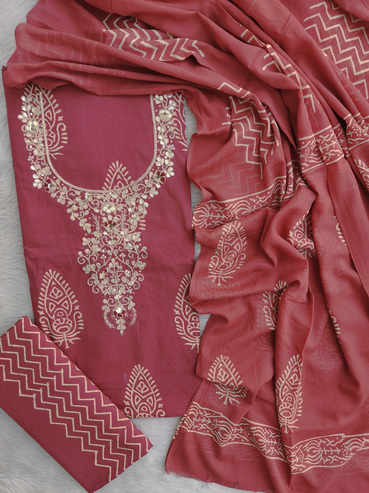 FLORAL PRINTED COTTON GOTA PATTI SUIT WITH COTTON DUPATTA