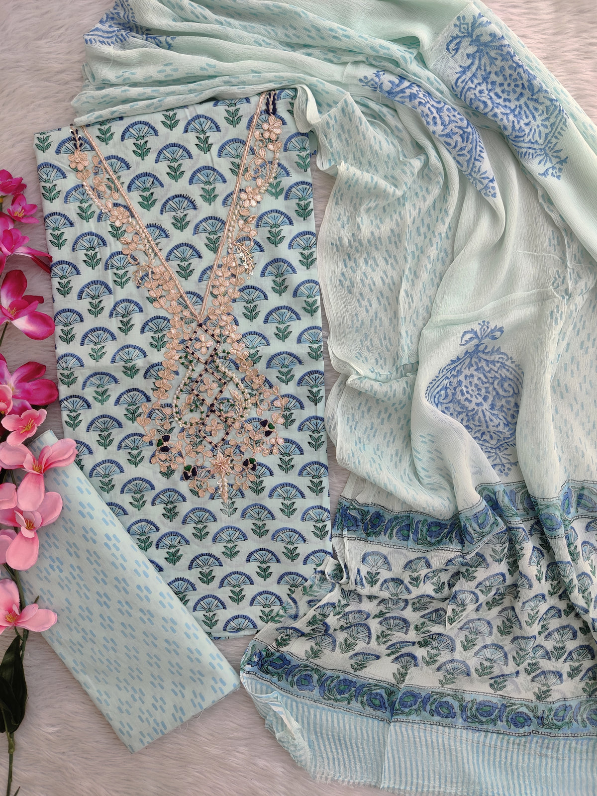 FLORAL PRINTED COTTON GOTA PATTI SUIT WITH CHIFFON DUPATTA