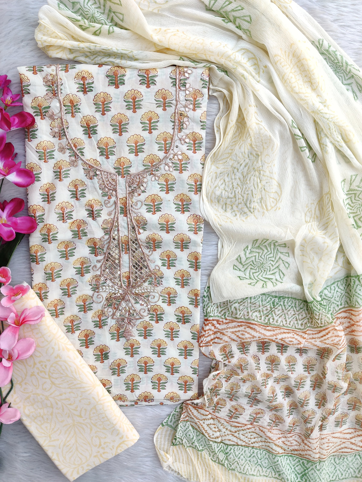 FLORAL PRINTED COTTON GOTA PATTI SUIT WITH CHIFFON DUPATTA
