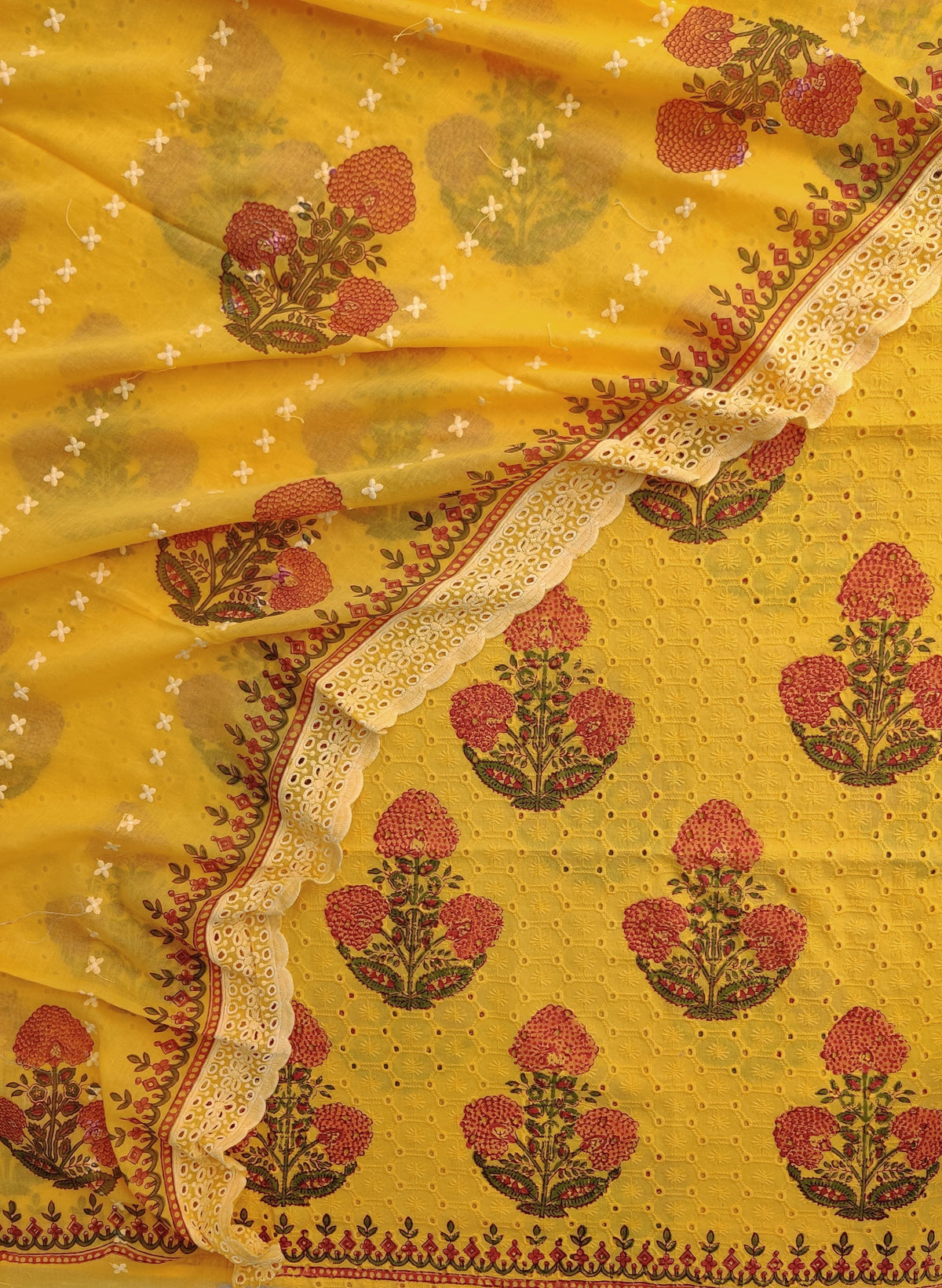 Hand Block Printed Cotton Schiffli *TOP & DUPATTA* Set with Mulmul  Dupatta (NO BOTTOM)