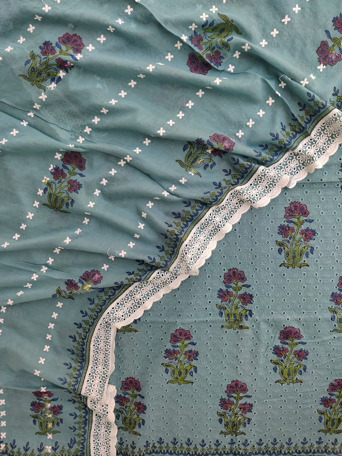 Hand Block Printed Cotton Schiffli *TOP & DUPATTA* Set with Mulmul  Dupatta (NO BOTTOM)