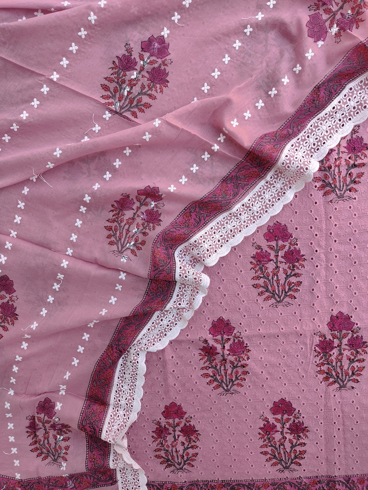 Hand Block Printed Cotton Schiffli *TOP & DUPATTA* Set with Mulmul  Dupatta (NO BOTTOM)