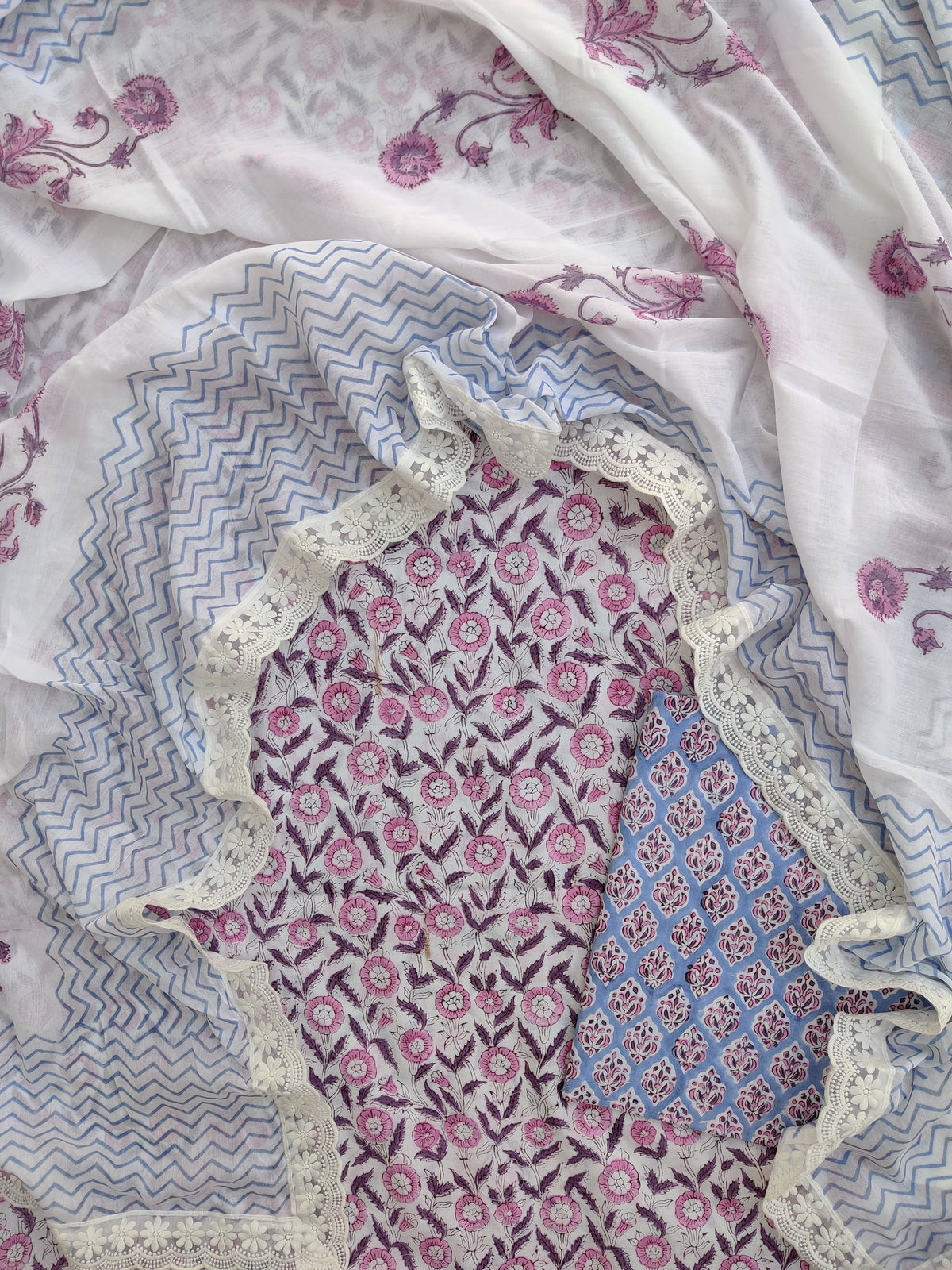 Hand Block Printed Cotton Suit With Lace Work Mulmul Dupatta
