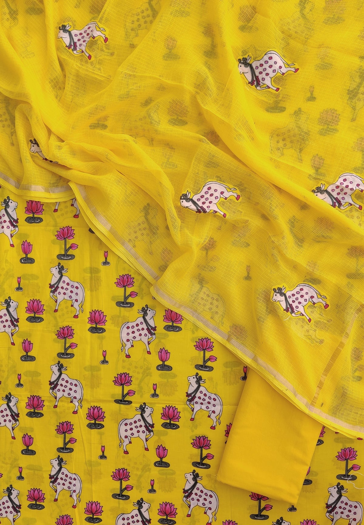 PICHWAI Printed Cotton Suit with Applique Work Kota Doria Dupatta