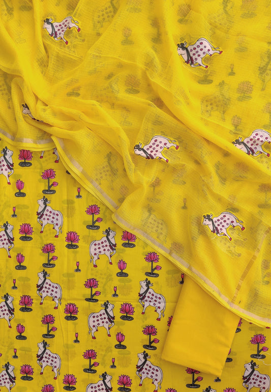 PICHWAI Printed Cotton Suit with Applique Work Kota Doria Dupatta