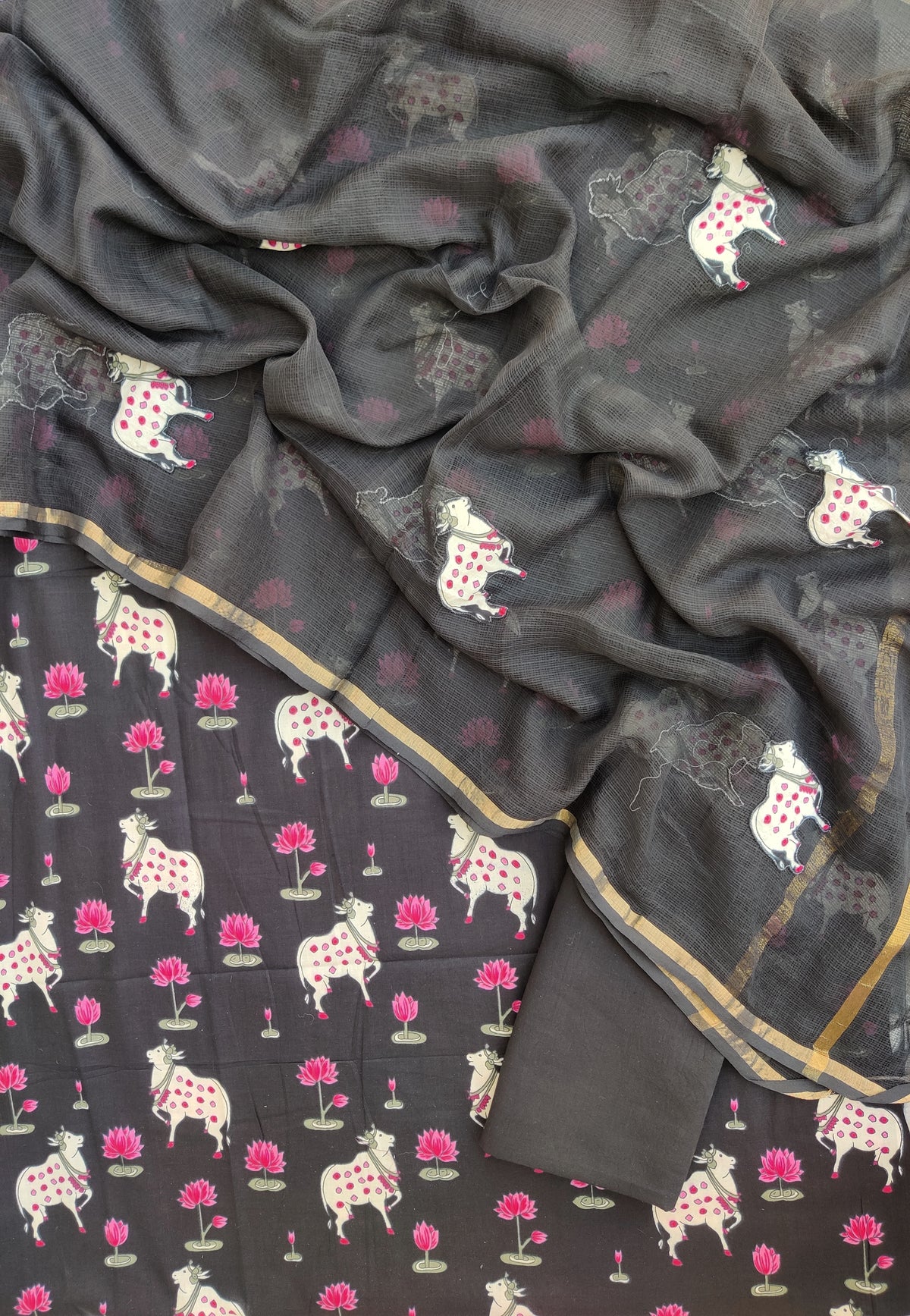 PICHWAI Printed Cotton Suit with Applique Work Kota Doria Dupatta