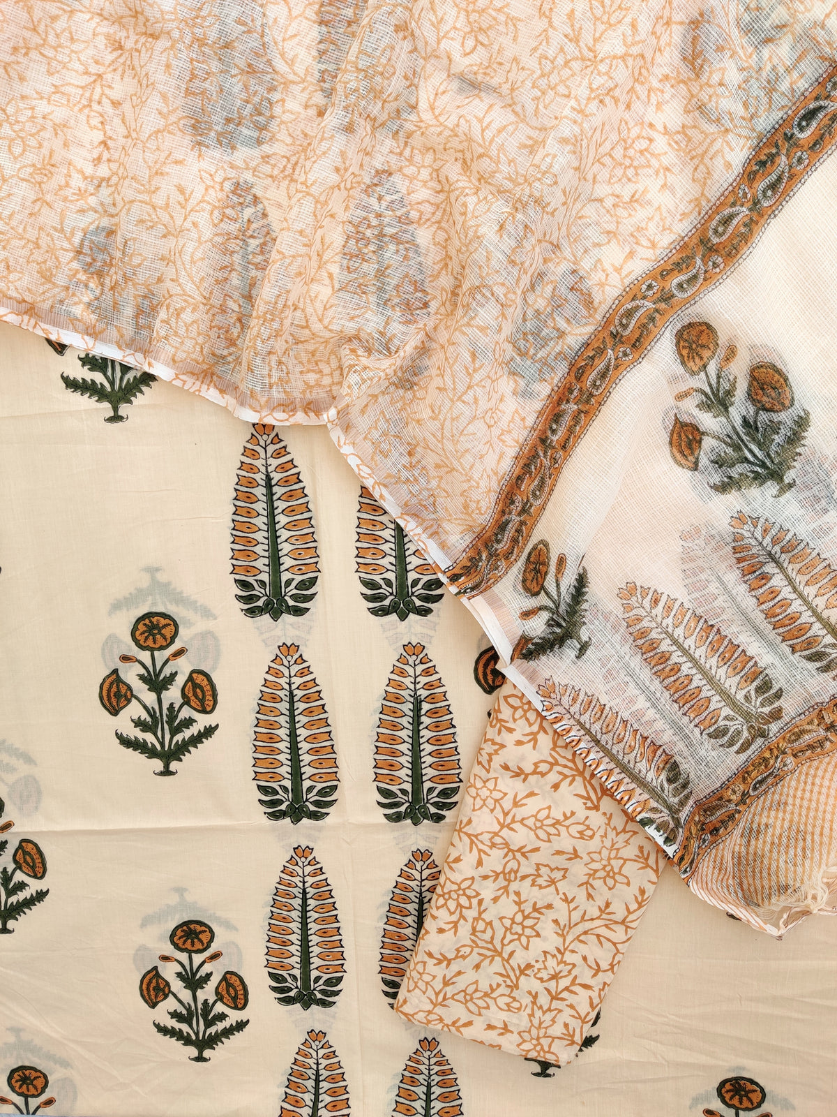 Hand Block Printed Cotton Suit with Cotton Kota Doria dupatta