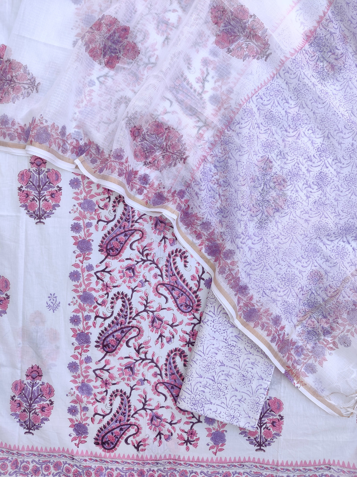 Hand Block Printed Cotton Suit with Cotton Kota Doria dupatta
