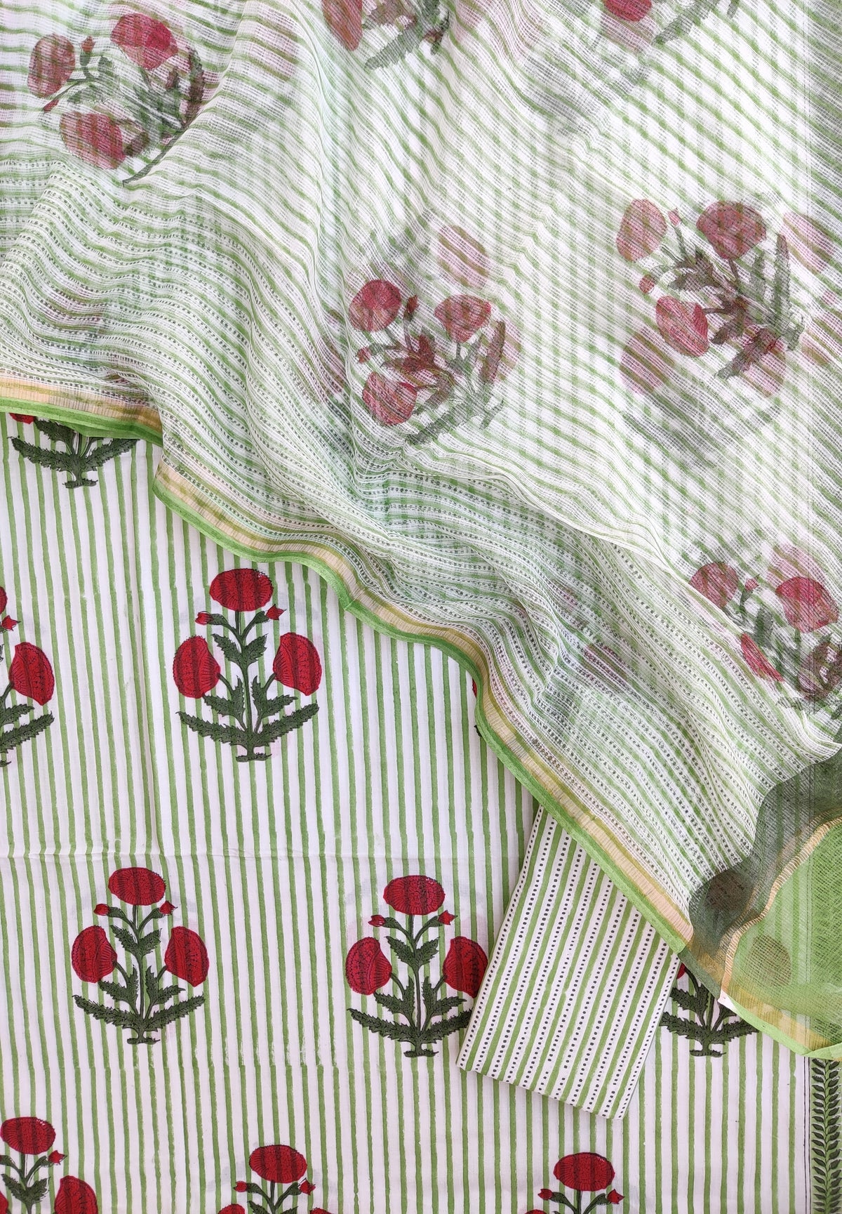 Hand Block Printed Cotton Suit with Cotton Kota Doria dupatta