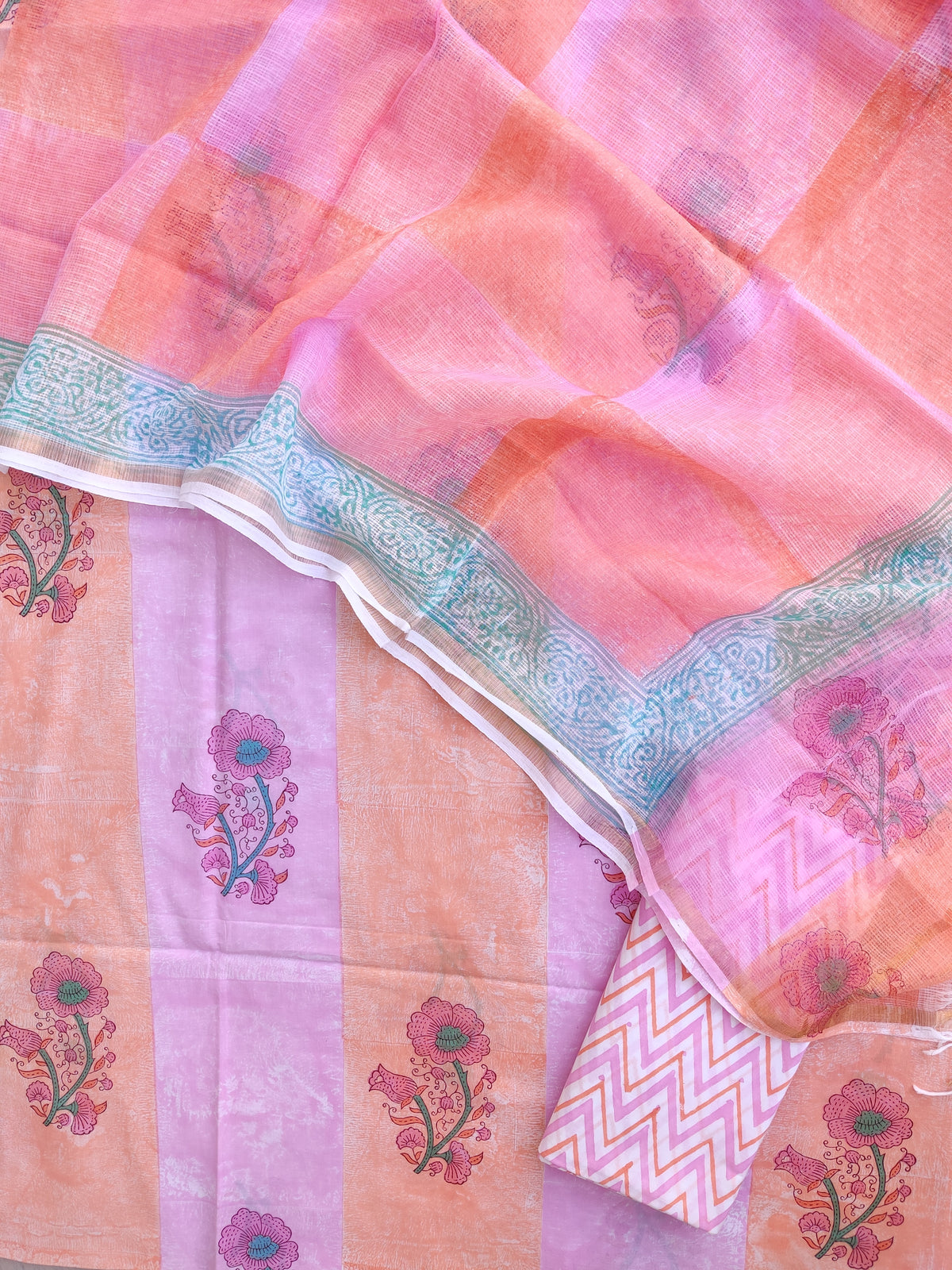 Hand Block & Brush Printed Cotton Suit with Cotton Kota Doria dupatta