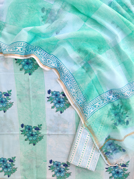 Hand Block & Brush Printed Cotton Suit with Cotton Kota Doria dupatta