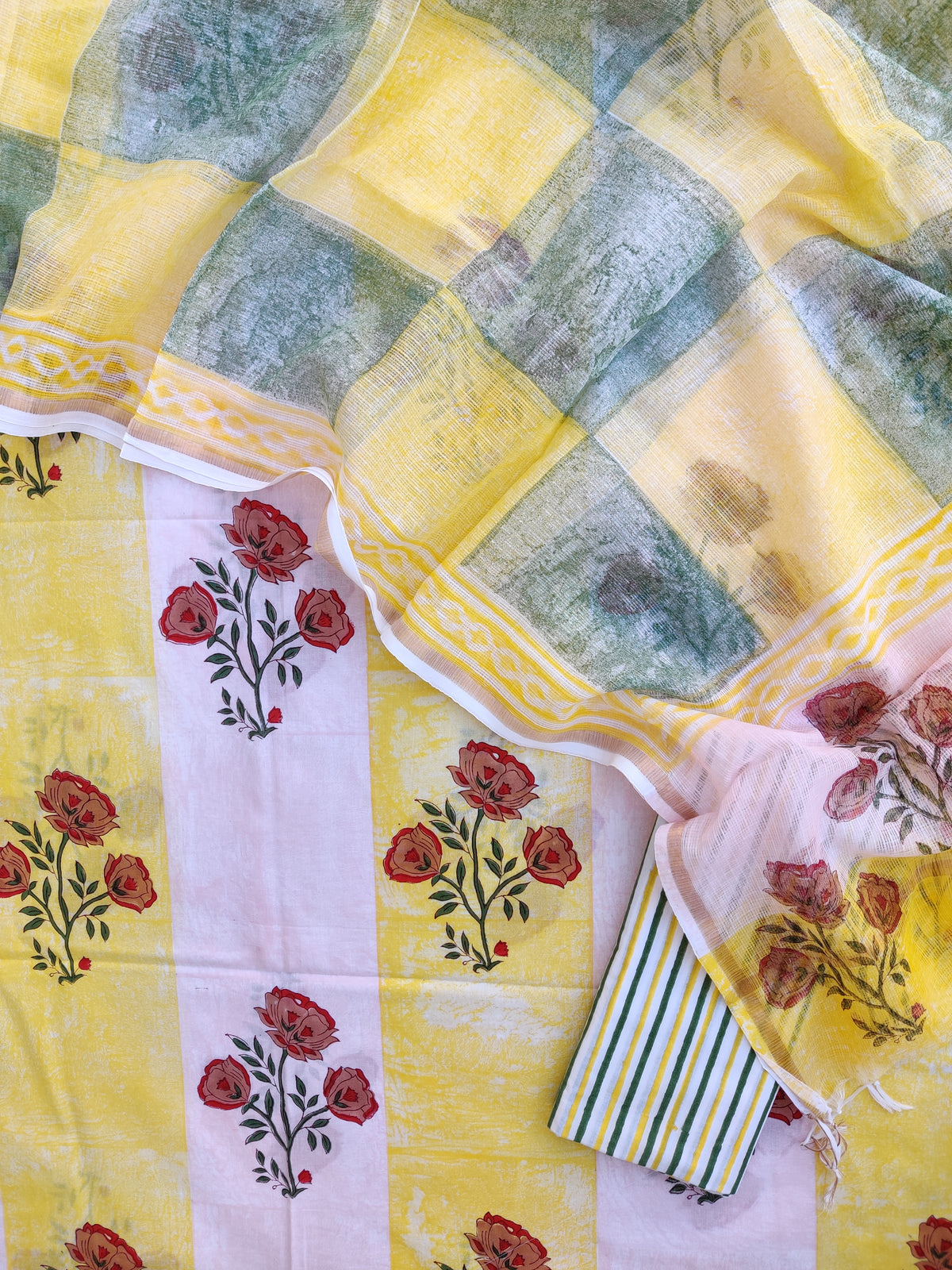 Hand Block & Brush Printed Cotton Suit with Cotton Kota Doria dupatta