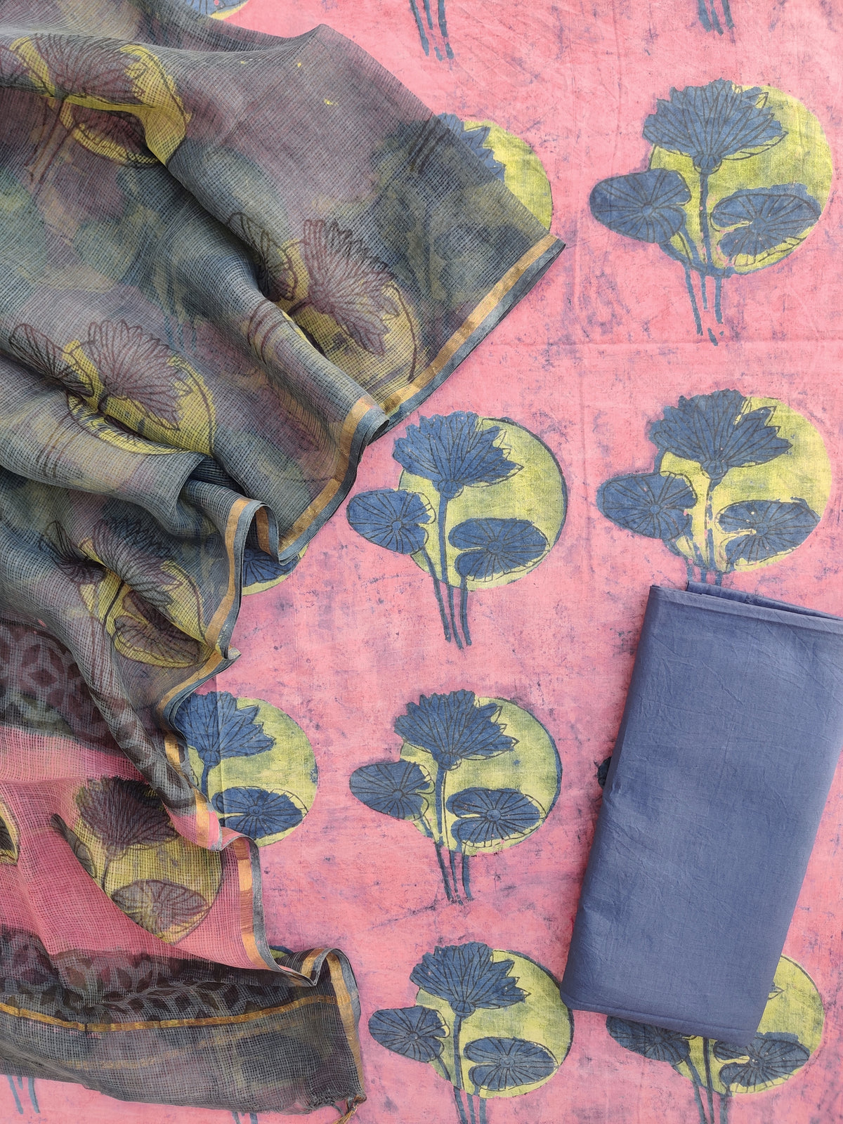 NASHPAL POMEGRANATE DYE COTTON SUIT WITH KOTA DORIA DUPATTA