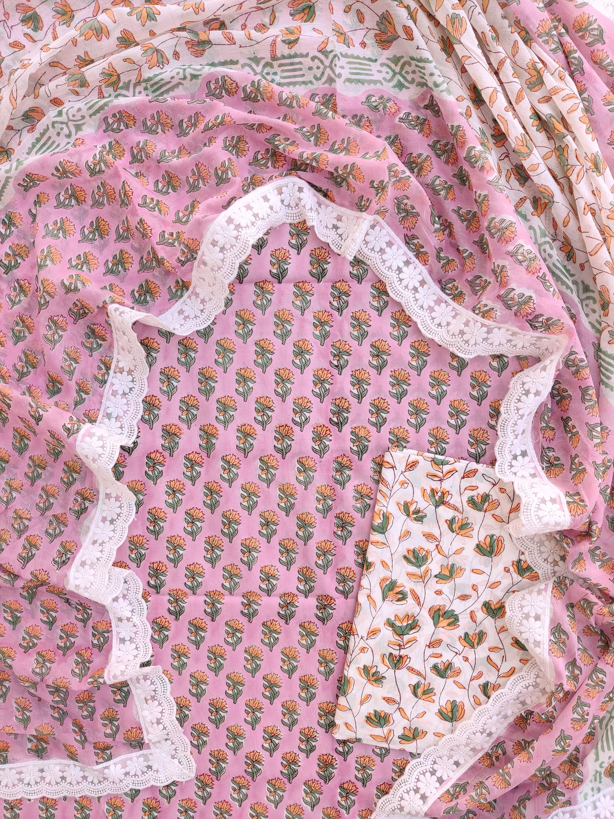 Hand Block Printed Cotton Suit With Lace Work Mulmul Dupatta