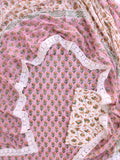 Hand Block Printed Cotton Suit With Lace Work Mulmul Dupatta