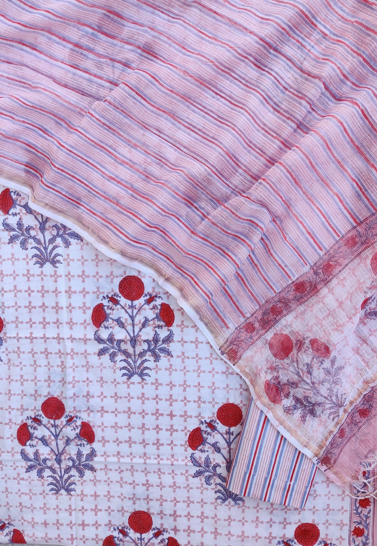 Hand Block Printed Cotton Suit with Cotton Kota Doria dupatta