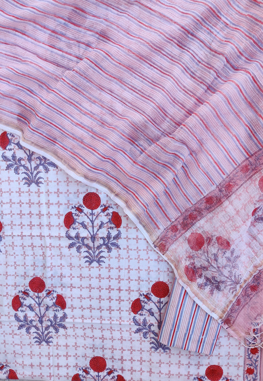Hand Block Printed Cotton Suit with Cotton Kota Doria dupatta