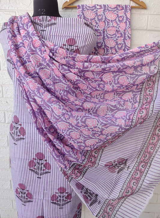Hand Block Printed Cotton Suit With Mulmul Cotton Dupatta