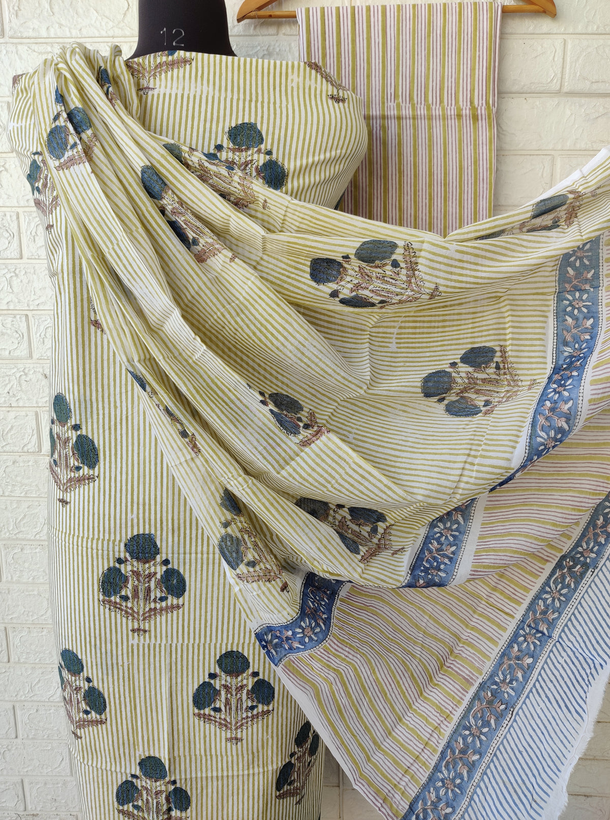 Hand Block Printed Cotton Suit With Mulmul Cotton Dupatta