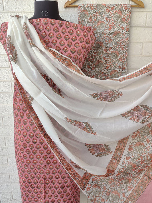 Hand Block Printed Cotton Suit With Mulmul Cotton Dupatta