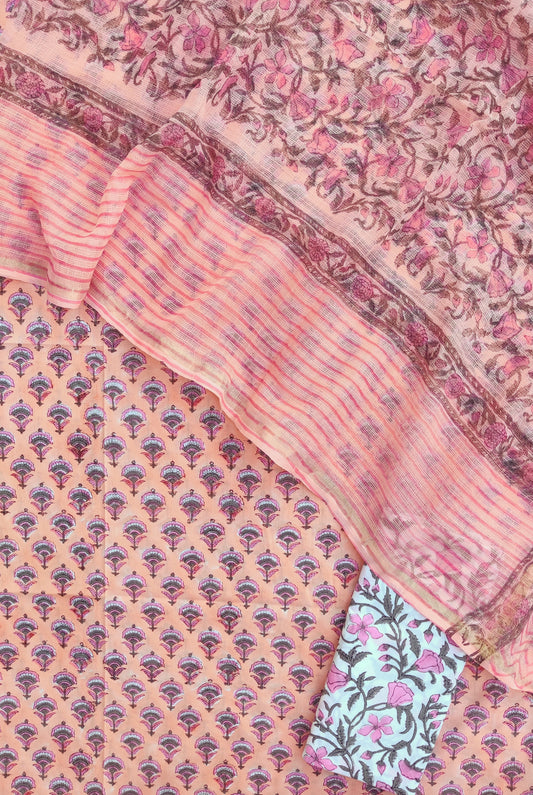 Hand Block Printed Cotton Suit with Cotton Kota Doria dupatta