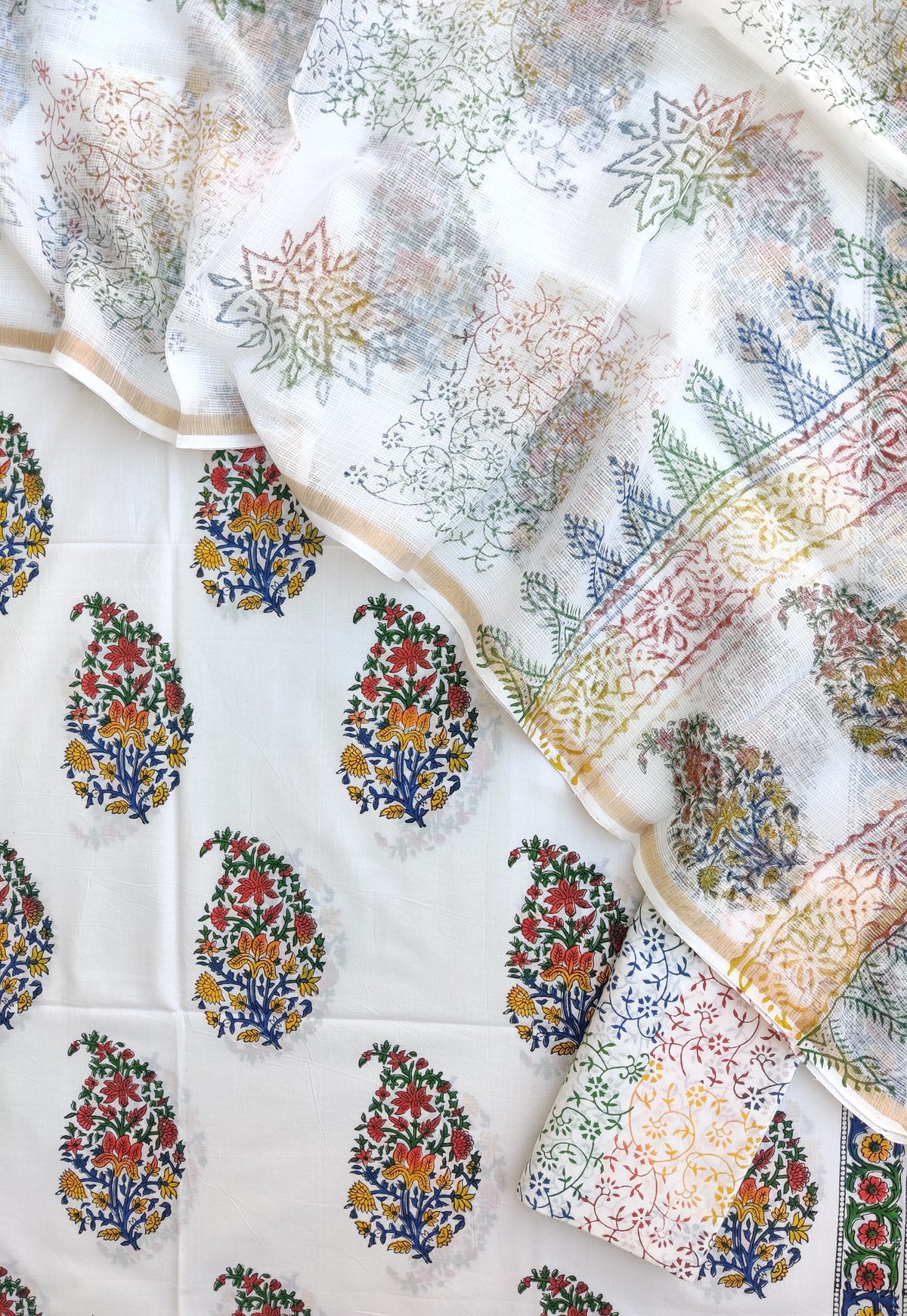 Hand Block Printed Cotton Suit with Cotton Kota Doria dupatta
