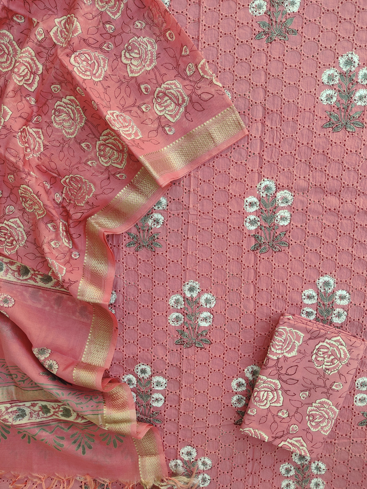Hand Block Printed Cotton Schiffli Suit with Maheshwari Dupatta