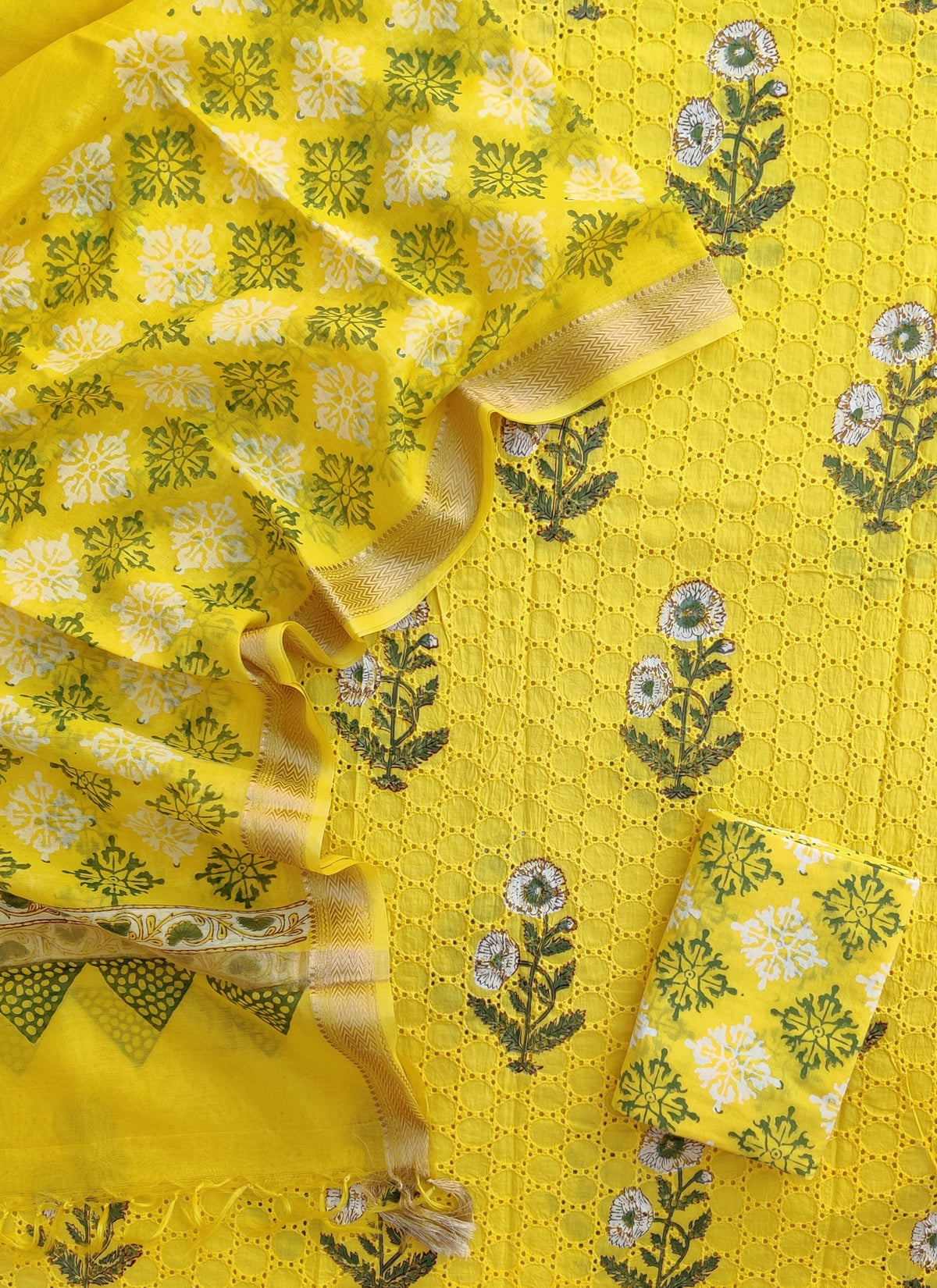 Hand Block Printed Cotton Schiffli Suit with Maheshwari Dupatta