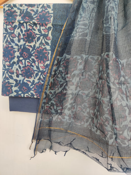 (VANASPATI) Block Printed Cotton Suit with Cotton Kota Doria dupatta