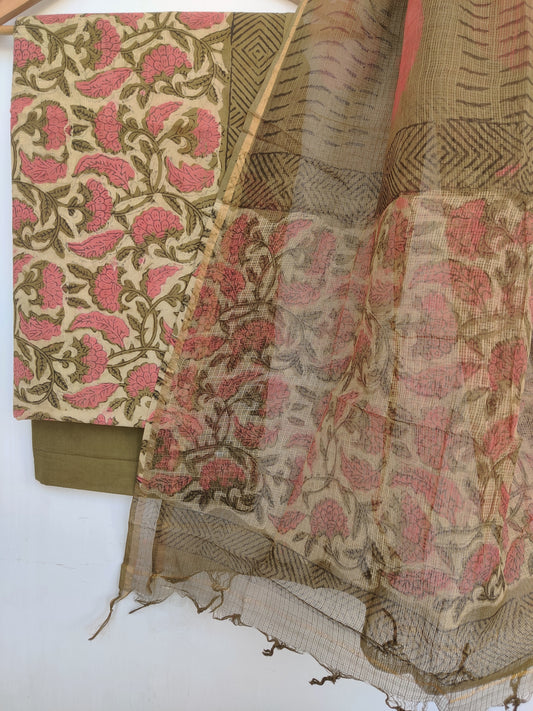 (VANASPATI) Block Printed Cotton Suit with Cotton Kota Doria dupattaa