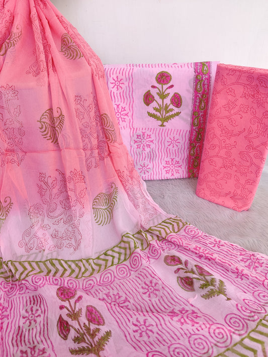 HAND BLOCK PRINTED COTTON SUIT WITH PURE CHIFFON DUPATTA