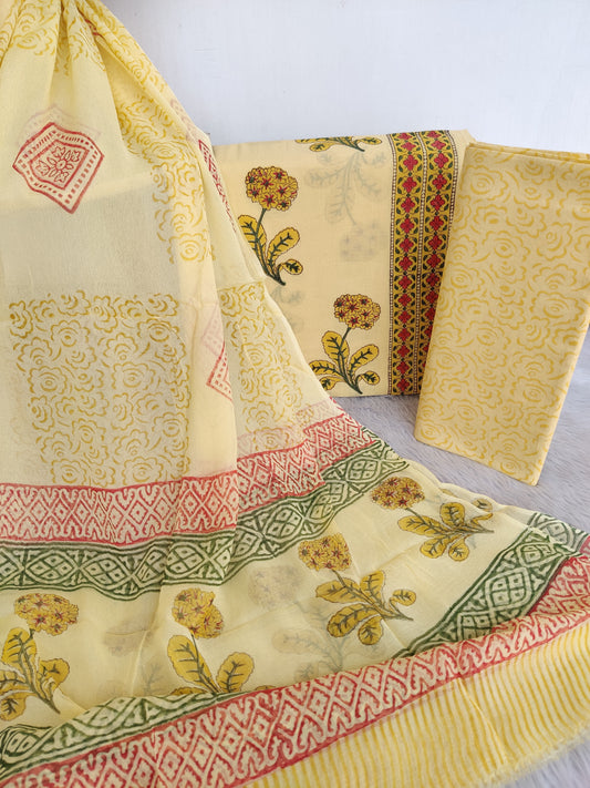 HAND BLOCK PRINTED COTTON SUIT WITH PURE CHIFFON DUPATTA