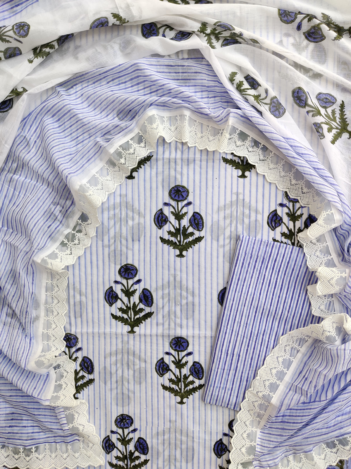 Hand Block Printed Cotton Suit With Lace Work Mulmul Dupatta