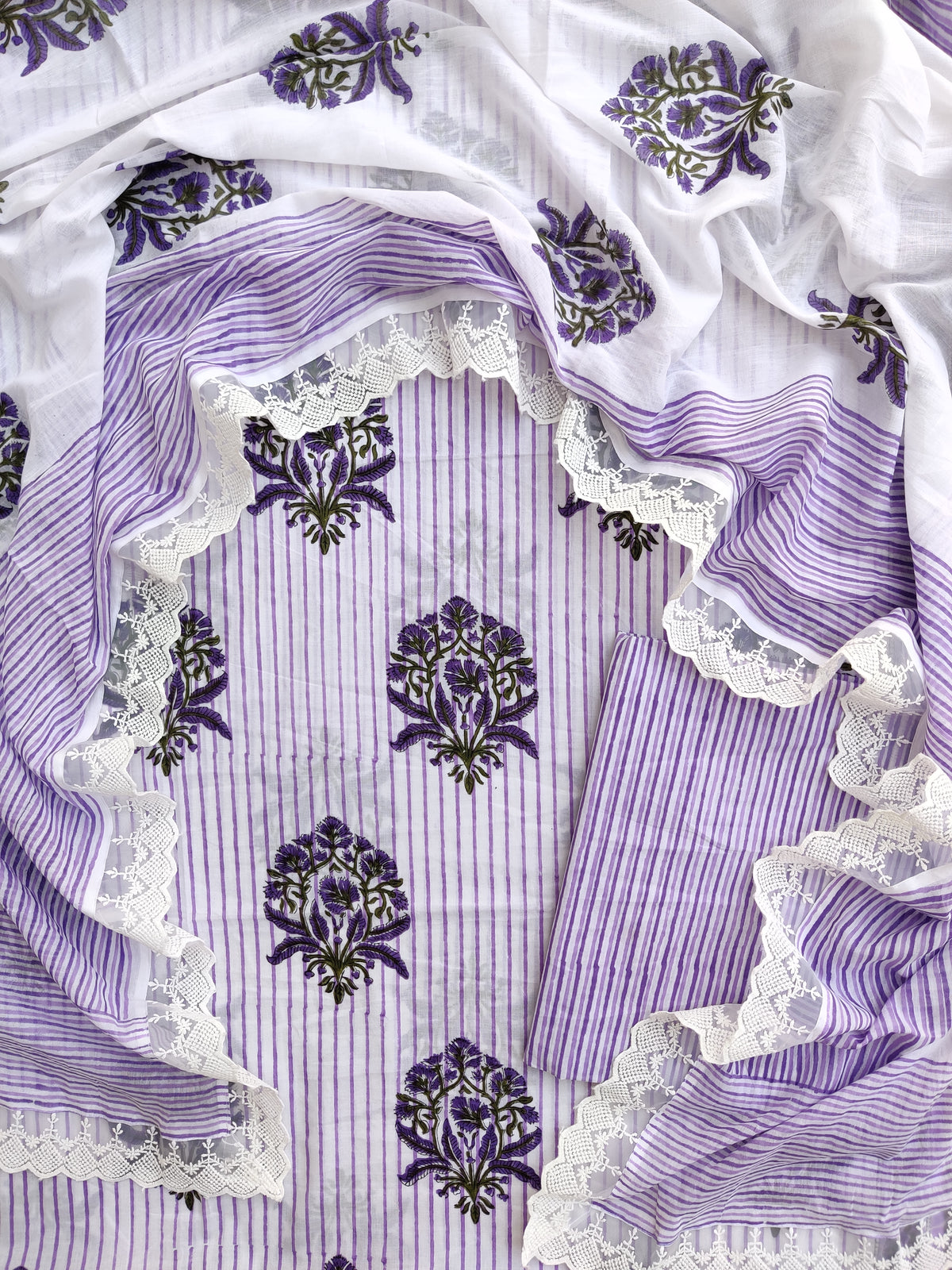 Hand Block Printed Cotton Suit With Lace Work Mulmul Dupatta